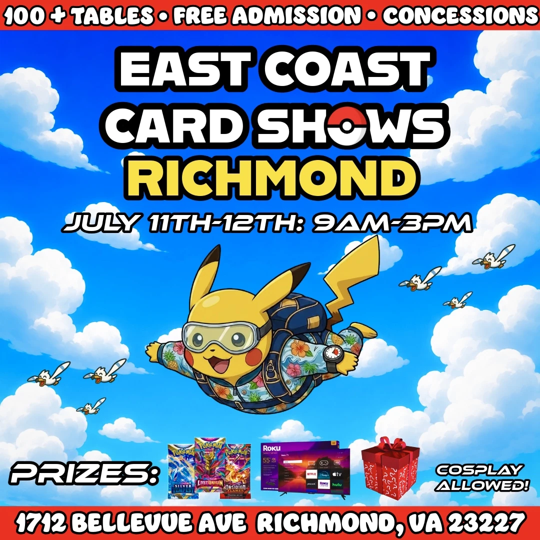 richmond pokemon cards 914 W. Broad St. Richmond, VA 23220 Pokmon going out now through IG DM's!  2025 Mega Evolution Phantasmal Flames Promo Mega Charizard X ex for $50! 2025 Phantasmal Flames Holo Scalping at Richmond #vendorpov #cardshow